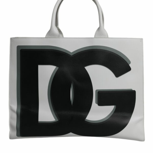 Dolce & Gabbana White Logo Print DG Daily Calfskin Shopping Tote Bag
