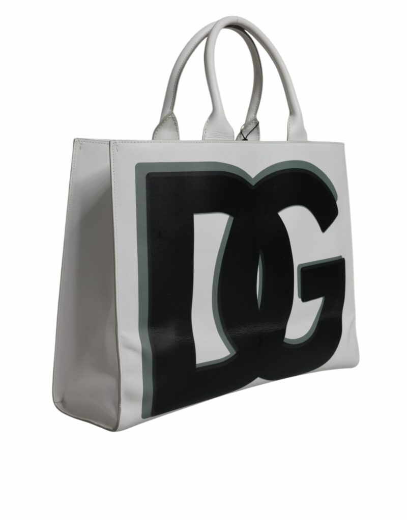 Dolce & Gabbana White Logo Print DG Daily Calfskin Shopping Tote Bag - Image 3