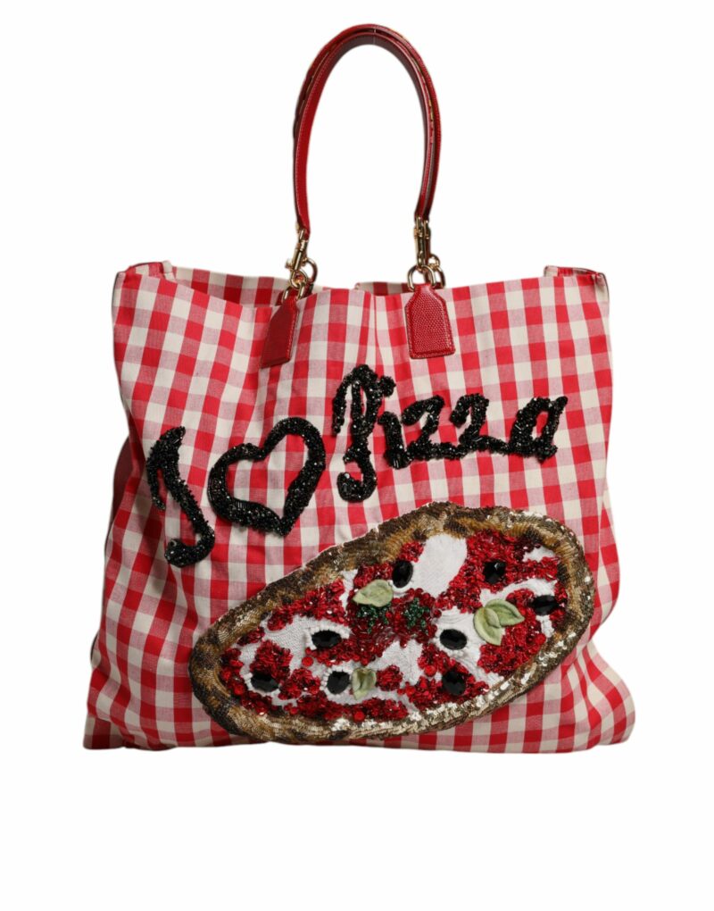 Dolce & Gabbana Red Checkered Embellished Shopping Tote Cotton Bag - Image 2