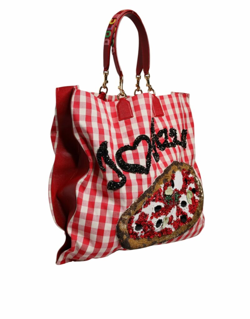 Dolce & Gabbana Red Checkered Embellished Shopping Tote Cotton Bag - Image 3