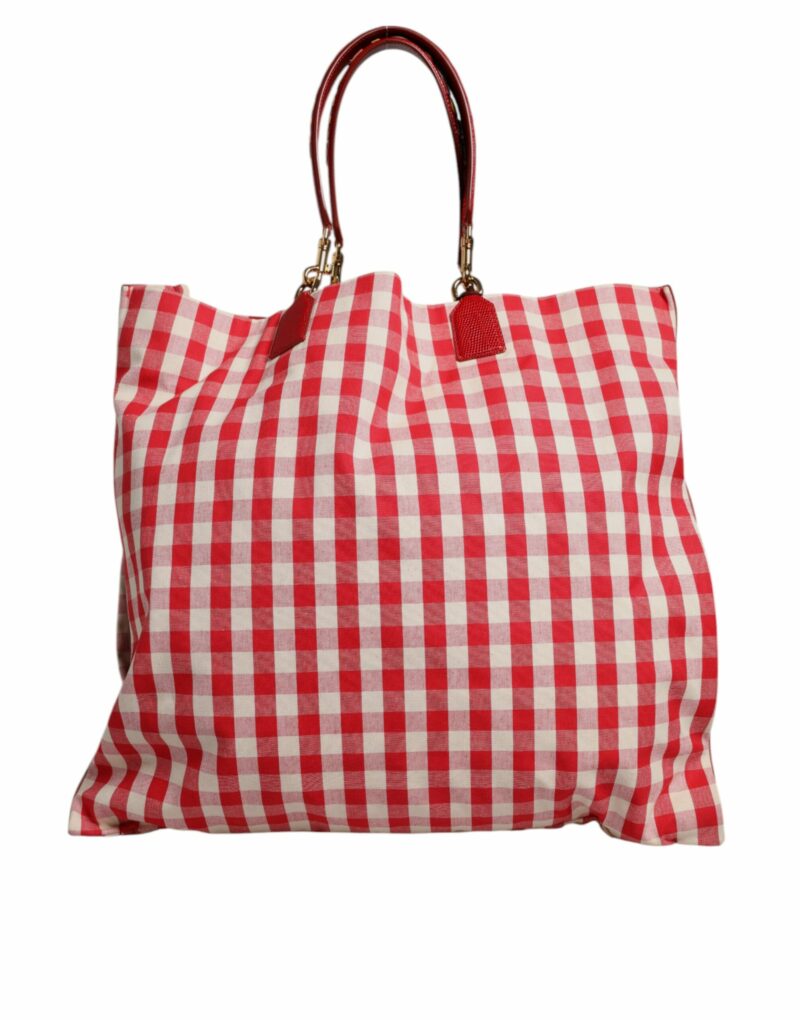 Dolce & Gabbana Red Checkered Embellished Shopping Tote Cotton Bag - Image 4