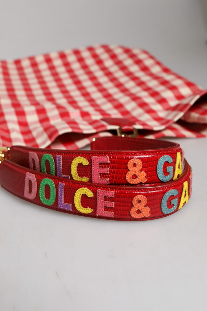 Dolce & Gabbana Red Checkered Embellished Shopping Tote Cotton Bag - Image 5