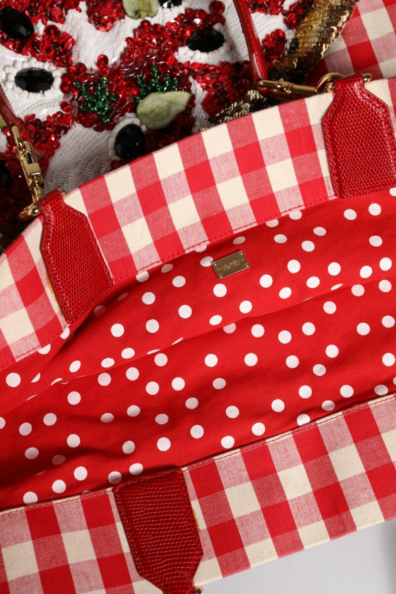 Dolce & Gabbana Red Checkered Embellished Shopping Tote Cotton Bag - Image 7