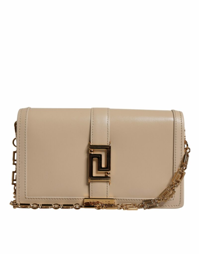 Versace Beige Gold Chain Calf Leather Wallet Crossbody Bag - Image 3