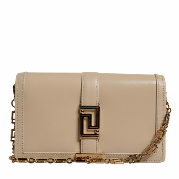 Versace Beige Gold Chain Calf Leather Wallet Crossbody Bag