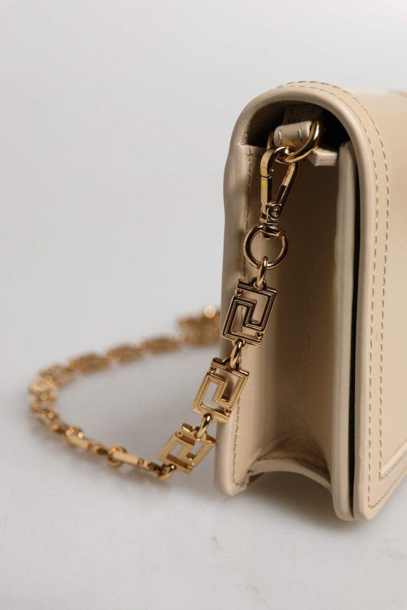 Versace Beige Gold Chain Calf Leather Wallet Crossbody Bag - Image 8