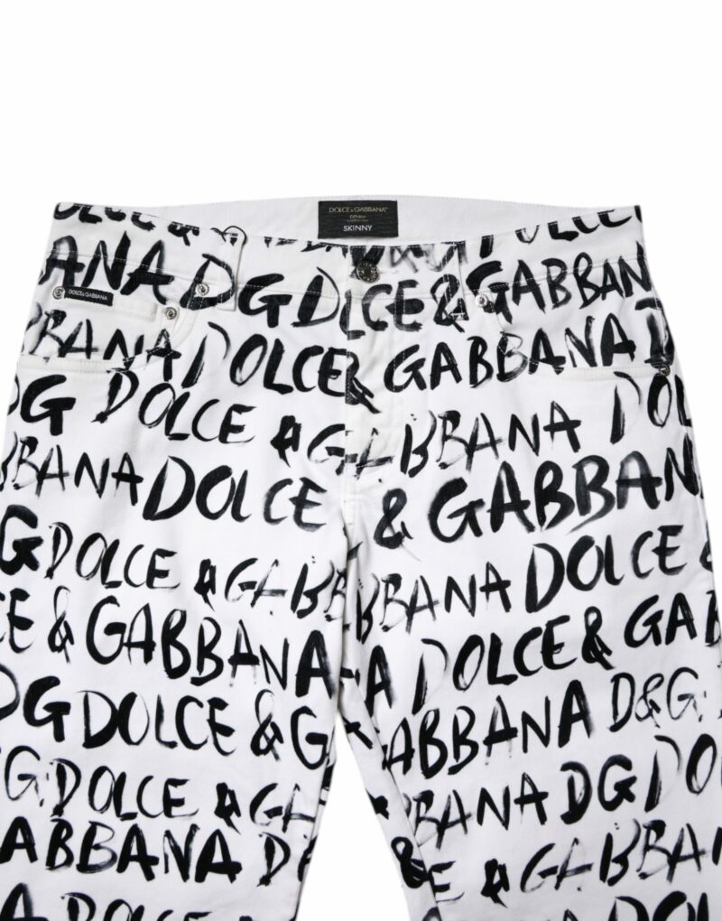 Dolce & Gabbana White Cotton Logo Print Skinny Denim Jeans - Image 5