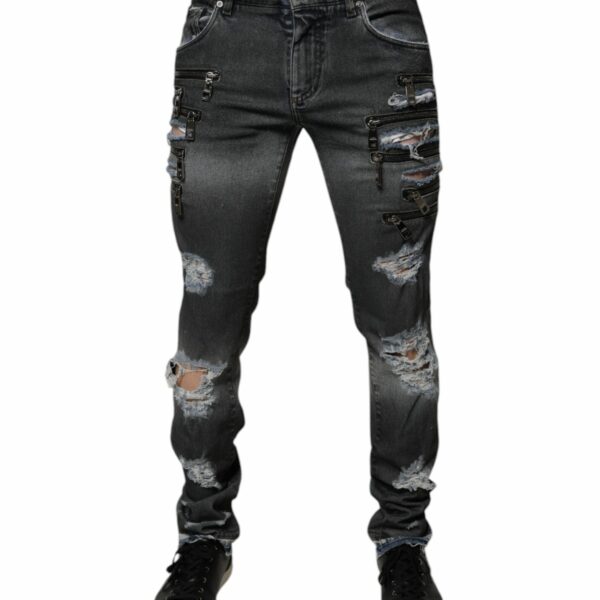 Dolce & Gabbana Dark Gray Tattered Cotton Skinny Denim Jeans