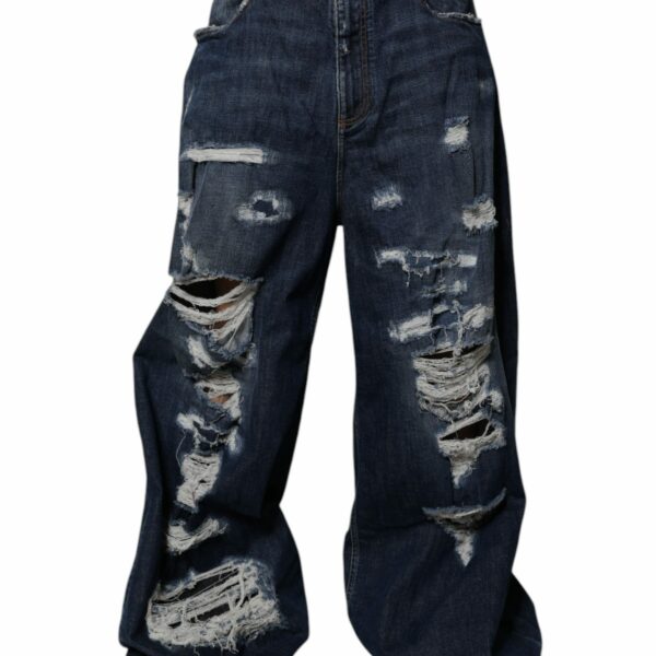 Dolce & Gabbana Dark Blue Tattered Wide Leg Men Denim Jeans