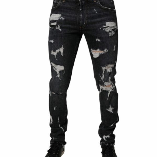 Dolce & Gabbana Black Tattered Cotton Skinny Men Denim Jeans