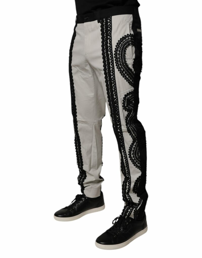 Dolce & Gabbana White Lace Trim Mid Waist Dress Formal Pants - Image 3