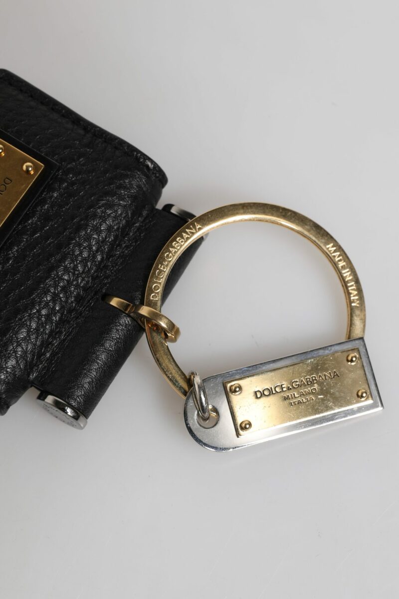 Dolce & Gabbana Black Leather Strap Gold Metal Logo Plaque Airpods Case - Image 4