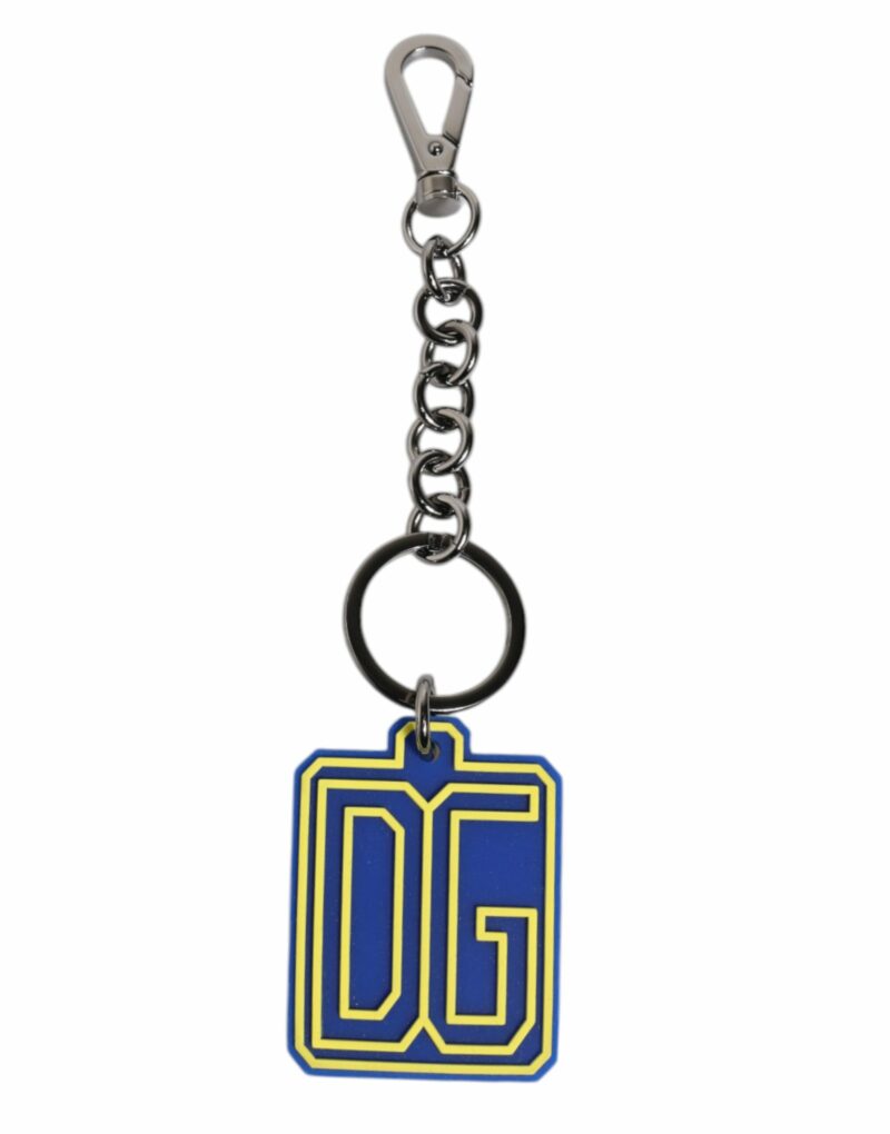 Dolce & Gabbana Blue Yellow DG Rubber Logo Silver Men's Keychain Keyring - Image 2