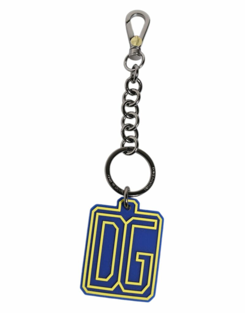 Dolce & Gabbana Blue Yellow DG Rubber Logo Silver Men's Keychain Keyring - Image 3