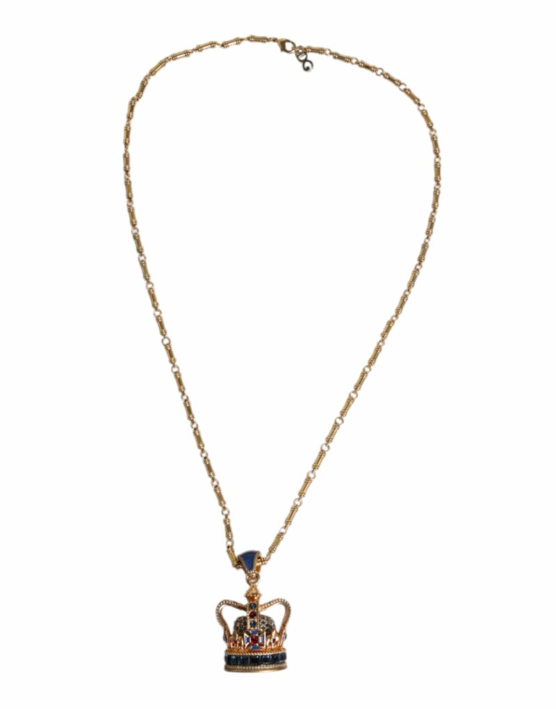Dolce & Gabbana Gold Tone Chain Brass Crystal Crown Pendant Necklace - Image 2