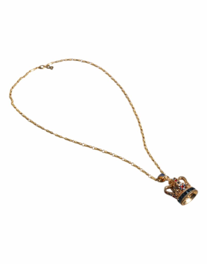 Dolce & Gabbana Gold Tone Chain Brass Crystal Crown Pendant Necklace - Image 4