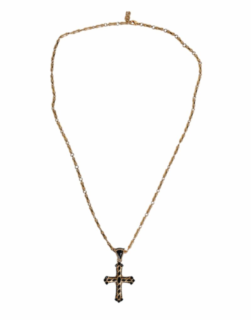 Dolce & Gabbana Gold Brass Chain Religious Crystal Cross Pendant Necklace
