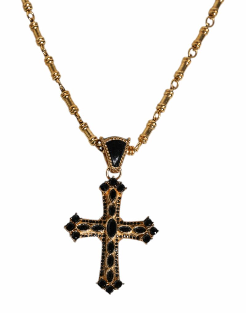 Dolce & Gabbana Gold Brass Chain Religious Crystal Cross Pendant Necklace - Image 3