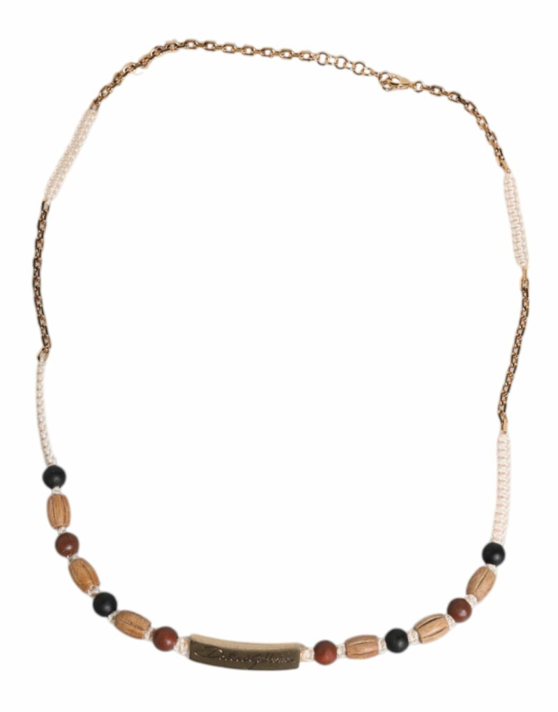 Dolce & Gabbana Black Gold Wooden Beaded Logo Pendant Necklace - Image 2