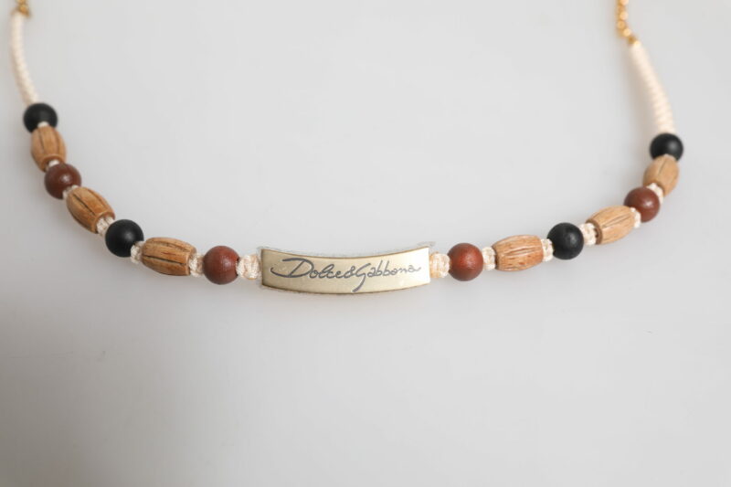 Dolce & Gabbana Black Gold Wooden Beaded Logo Pendant Necklace - Image 3