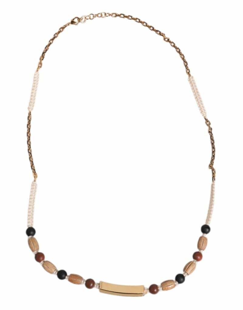 Dolce & Gabbana Black Gold Wooden Beaded Logo Pendant Necklace - Image 4