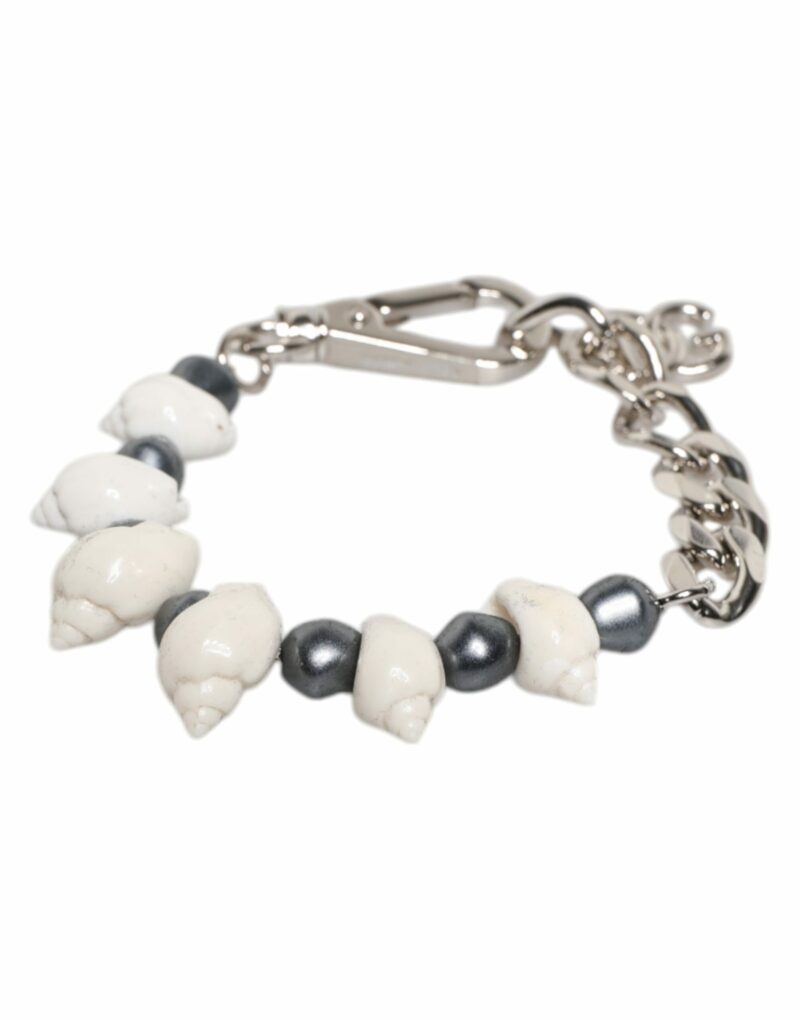 Dolce & Gabbana Silver Tone Brass Beaded Shell DG Logo Pendant Bracelet - Image 5