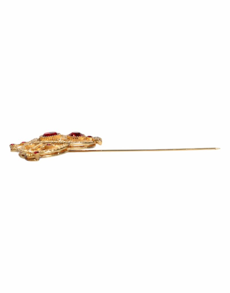 Dolce & Gabbana Gold Tone Red Crystal Embellish 925 Sterling Silver Pin - Image 5