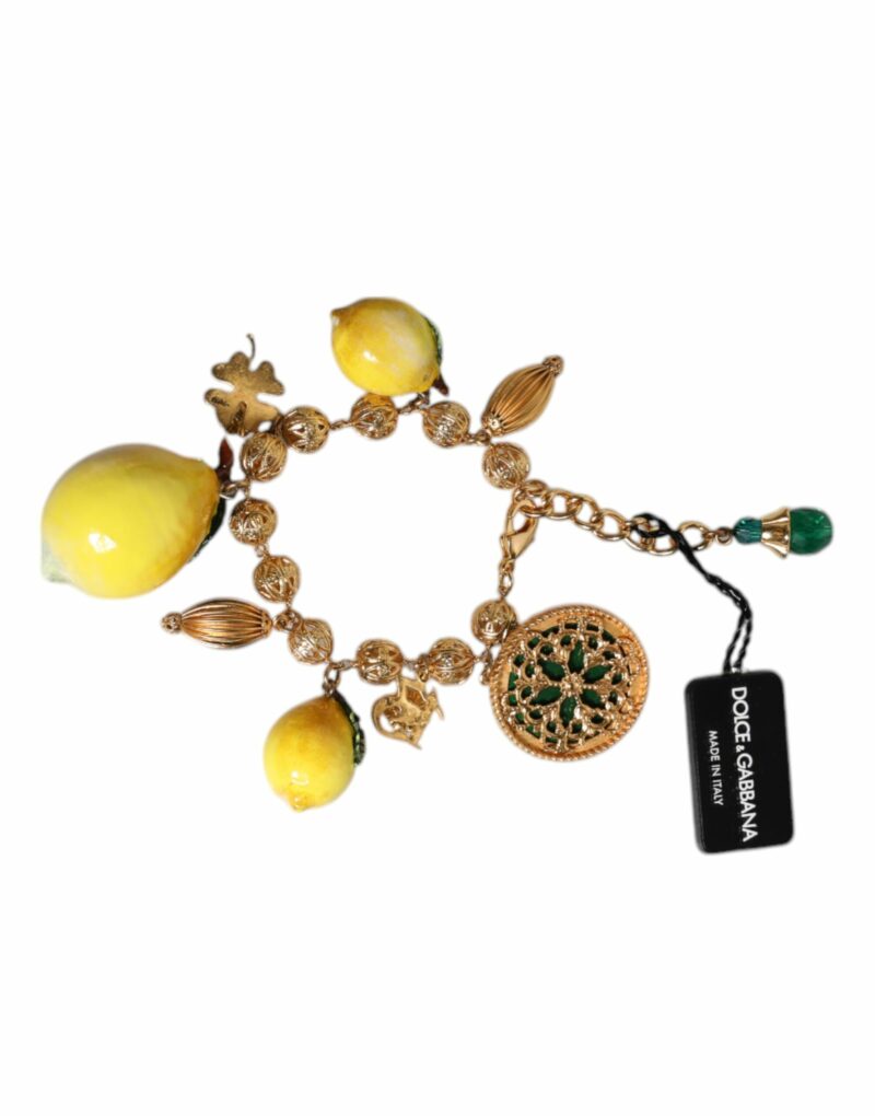 Dolce & Gabbana Gold Tone Brass Filigree Ball Charm Lemon Logo Bracelet - Image 6