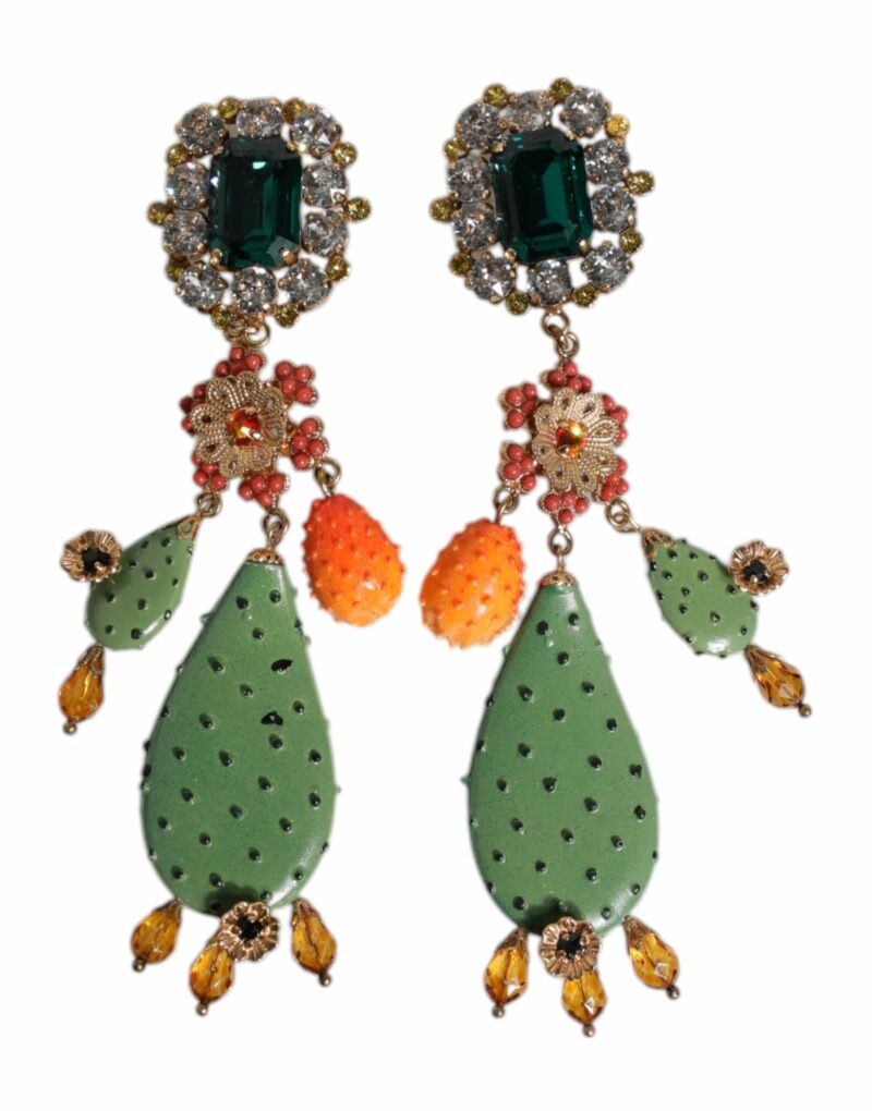 Dolce & Gabbana Green Cactus Crystal Clip On Dangling Jewelry Earrings - Image 2
