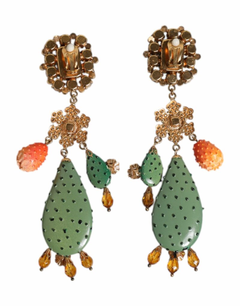Dolce & Gabbana Green Cactus Crystal Clip On Dangling Jewelry Earrings - Image 5