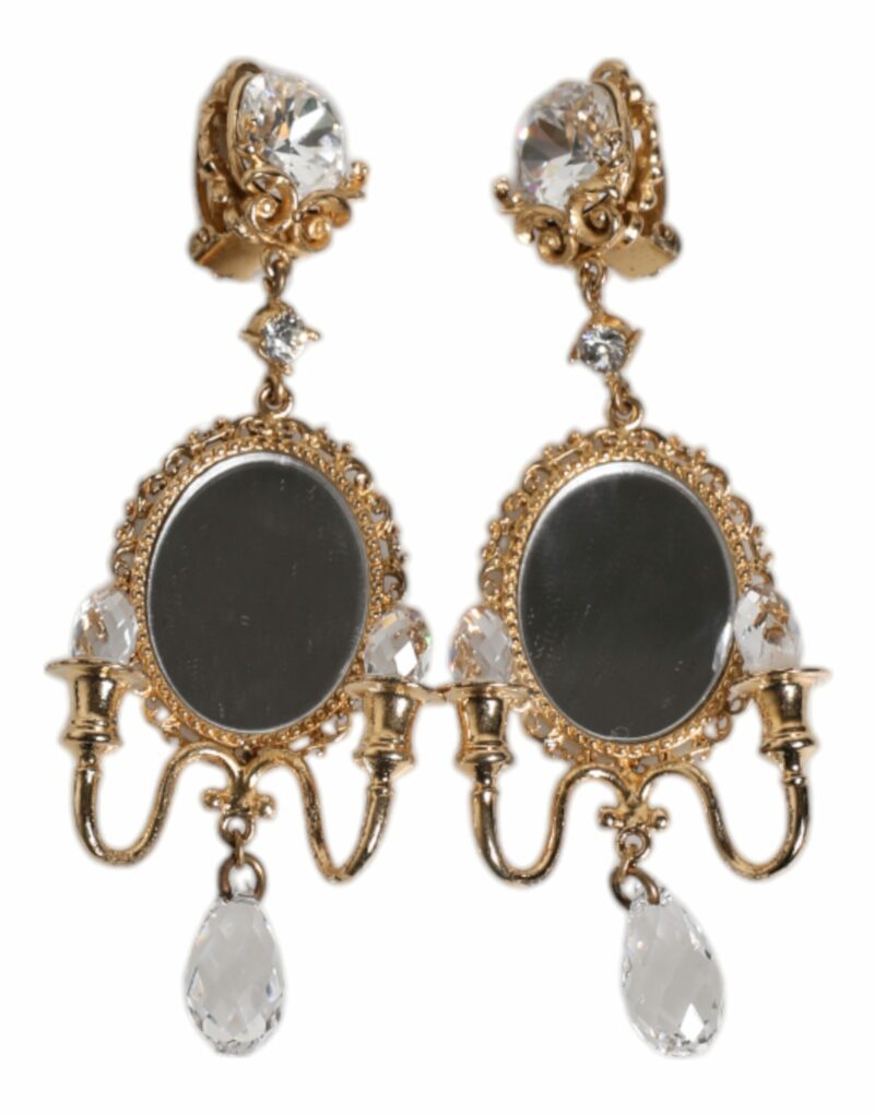 Dolce & Gabbana Gold Brass Clear Crystal Mirror Element Clip Dangling Earrings - Image 2