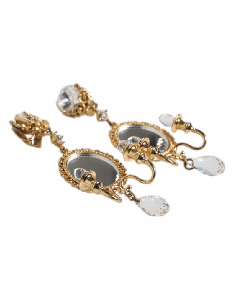 Dolce & Gabbana Gold Brass Clear Crystal Mirror Element Clip Dangling Earrings - Image 3