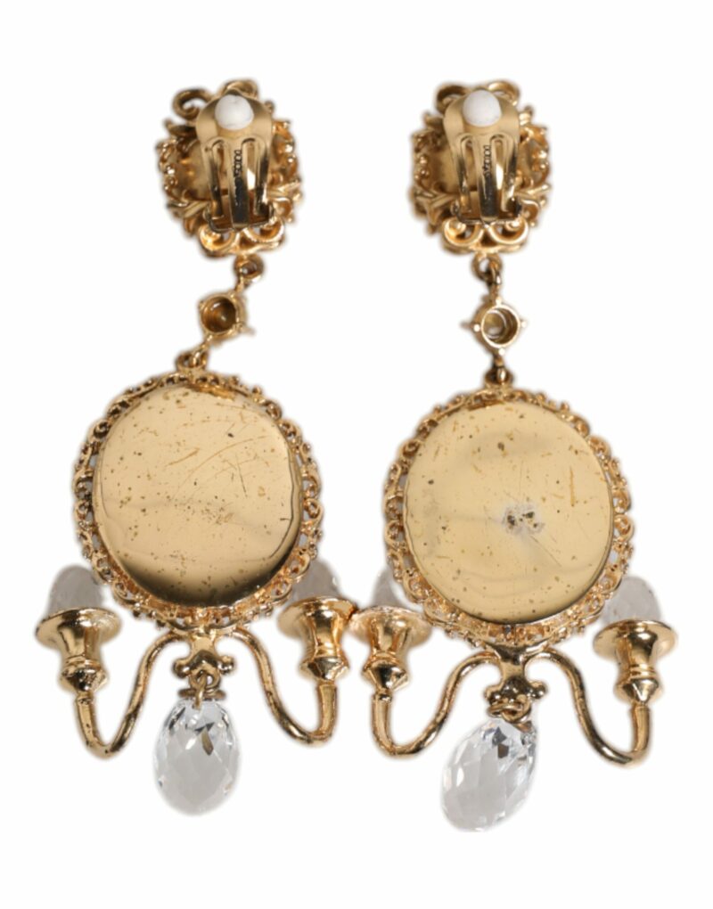 Dolce & Gabbana Gold Brass Clear Crystal Mirror Element Clip Dangling Earrings - Image 4