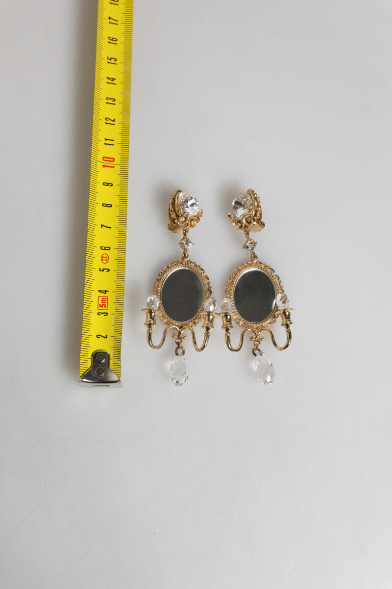 Dolce & Gabbana Gold Brass Clear Crystal Mirror Element Clip Dangling Earrings - Image 5