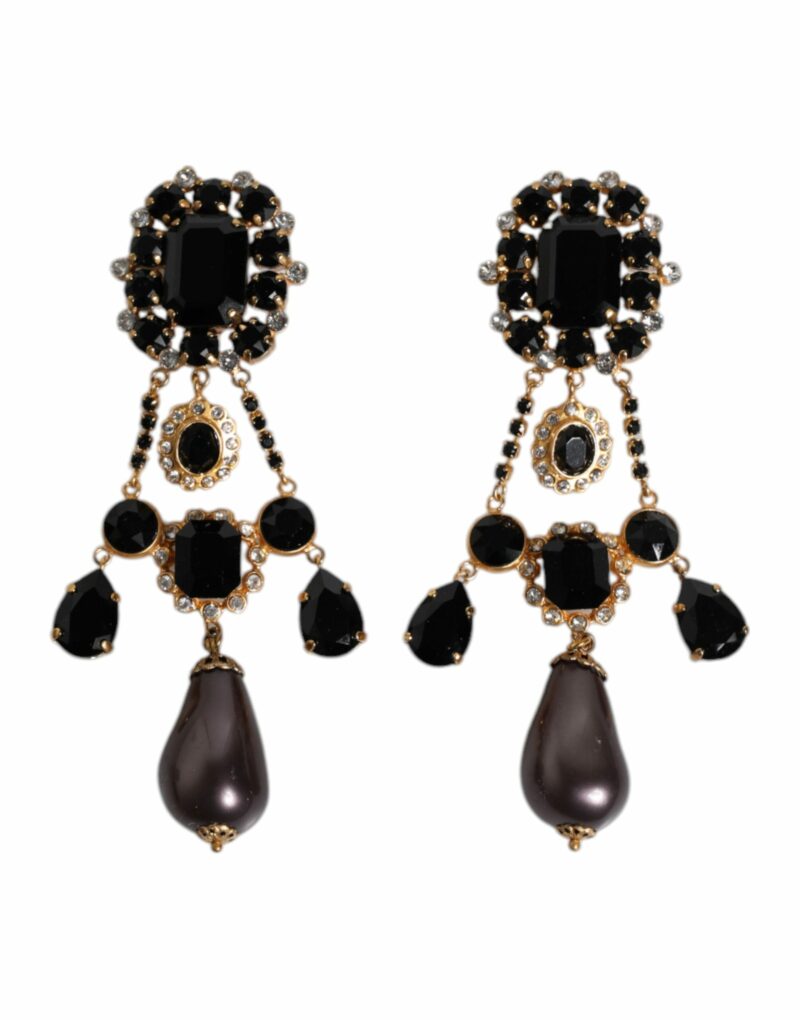 Dolce & Gabbana Gold Tone Brass Black Crystal Clip On Dangling Earrings - Image 2
