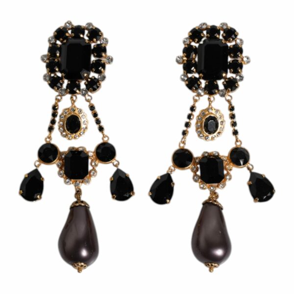 Dolce & Gabbana Gold Tone Brass Black Crystal Clip On Dangling Earrings