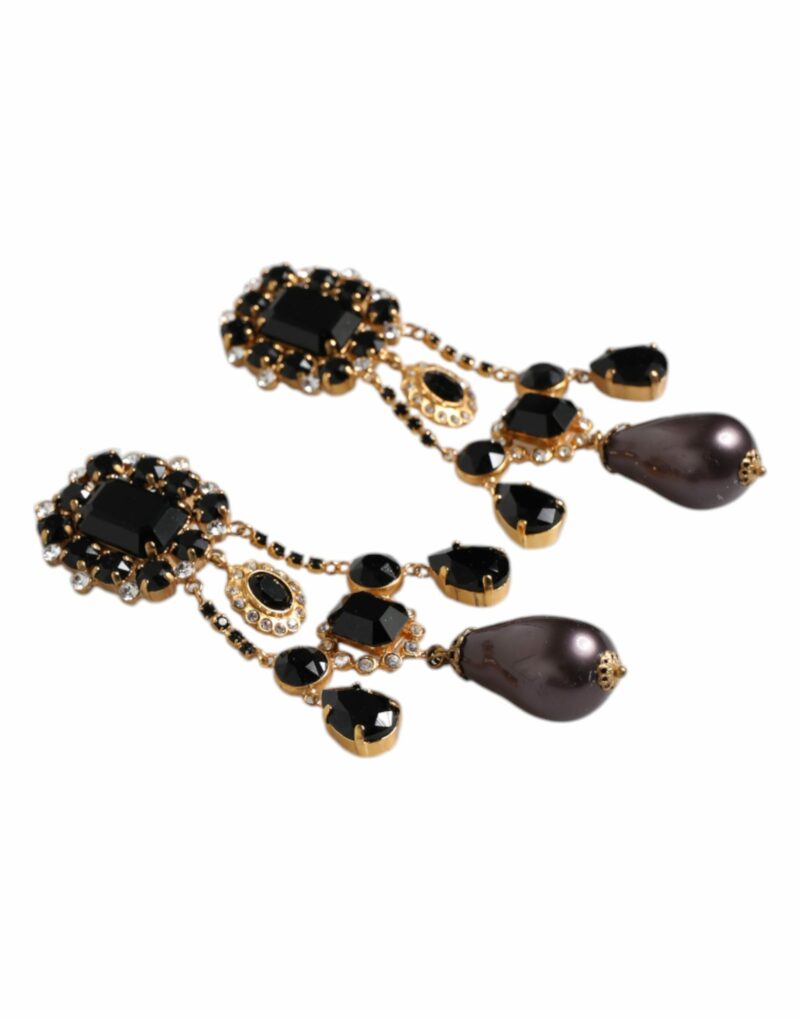 Dolce & Gabbana Gold Tone Brass Black Crystal Clip On Dangling Earrings - Image 3