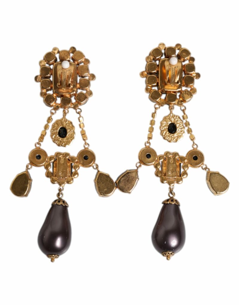 Dolce & Gabbana Gold Tone Brass Black Crystal Clip On Dangling Earrings - Image 4