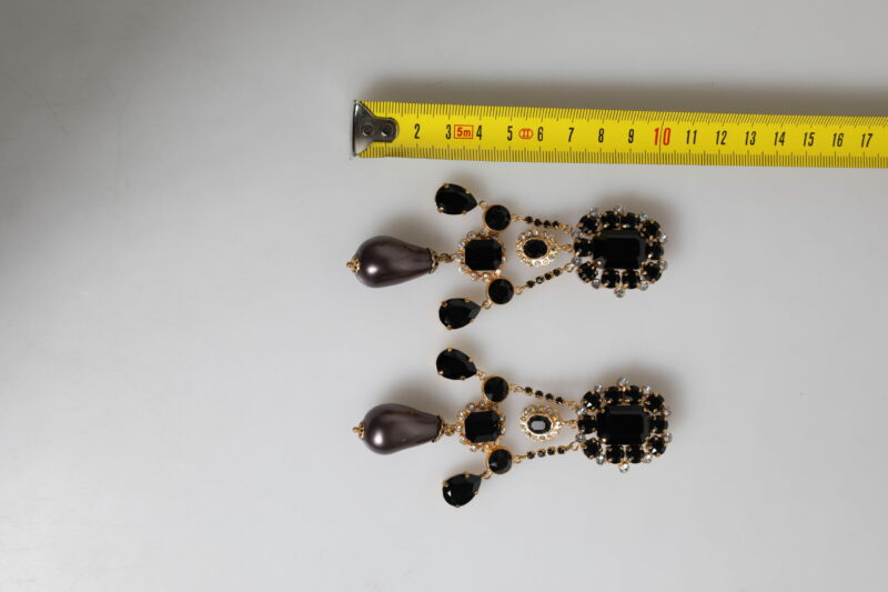 Dolce & Gabbana Gold Tone Brass Black Crystal Clip On Dangling Earrings - Image 5