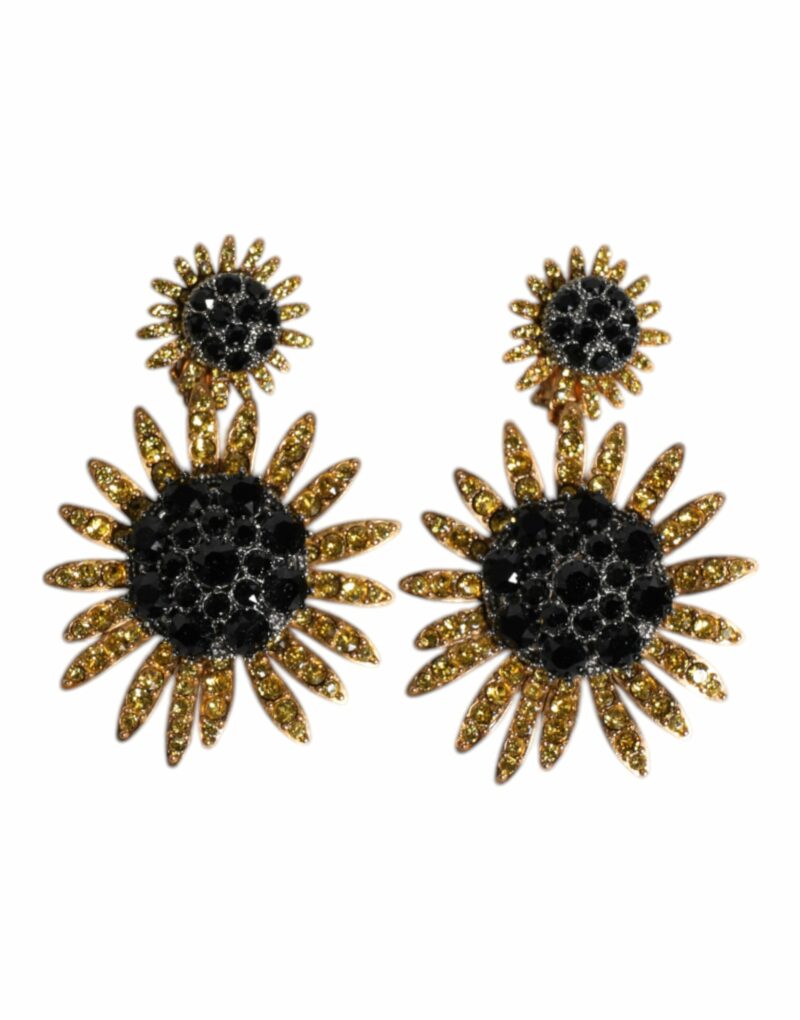 Dolce & Gabbana Gold Tone Brass Sunflower Crystal Clip Dangling Earrings - Image 2