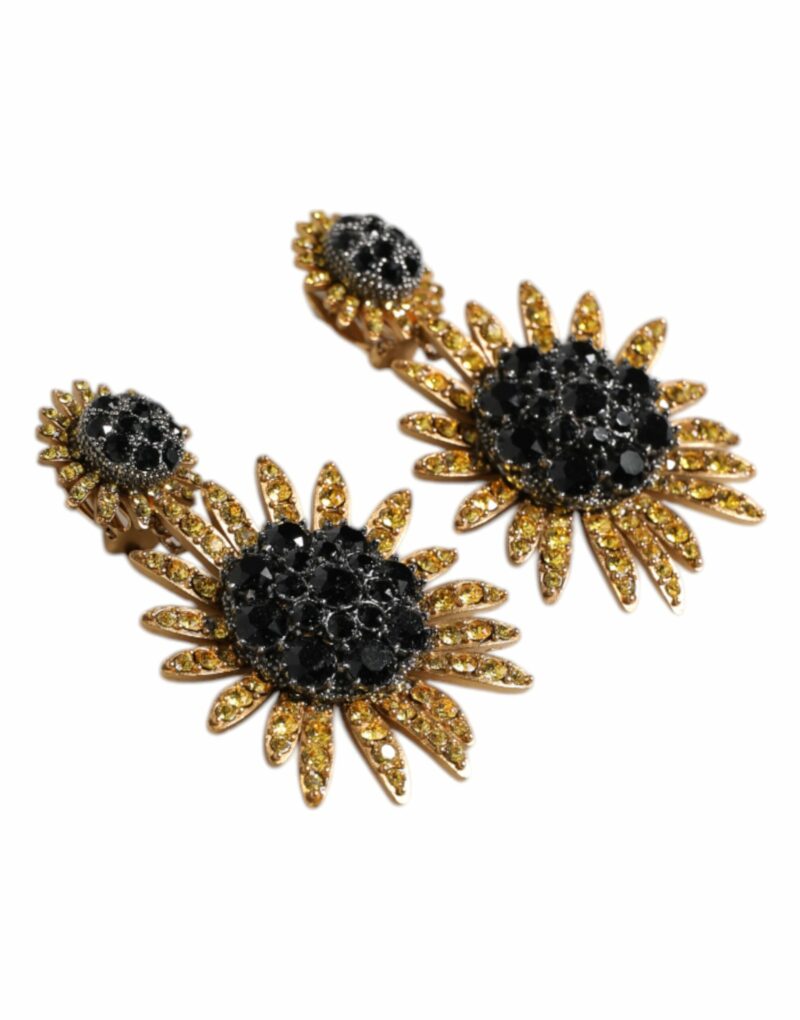 Dolce & Gabbana Gold Tone Brass Sunflower Crystal Clip Dangling Earrings - Image 3