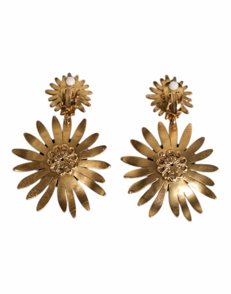 Dolce & Gabbana Gold Tone Brass Sunflower Crystal Clip Dangling Earrings - Image 4