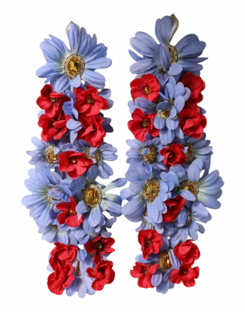 Dolce & Gabbana Gold Tone Brass Floral Crystal Clip On Dangling Earrings - Image 2