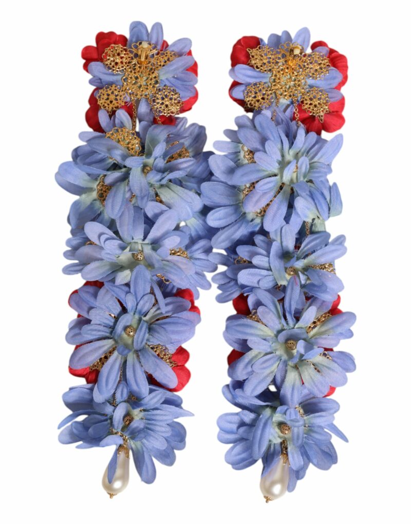 Dolce & Gabbana Gold Tone Brass Floral Crystal Clip On Dangling Earrings - Image 4