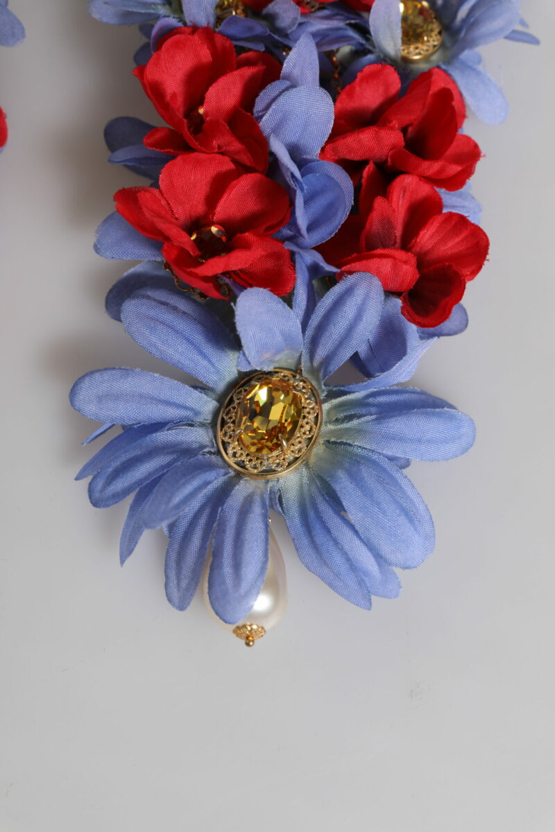 Dolce & Gabbana Gold Tone Brass Floral Crystal Clip On Dangling Earrings - Image 6