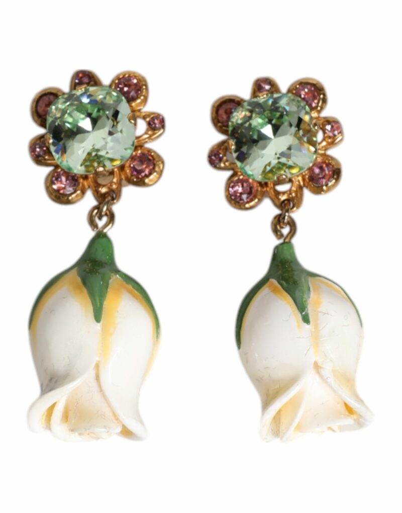 Dolce & Gabbana Brass White Flower Bloom Crystal Clip Dangling Earrings - Image 2