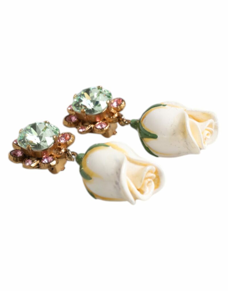 Dolce & Gabbana Brass White Flower Bloom Crystal Clip Dangling Earrings - Image 3