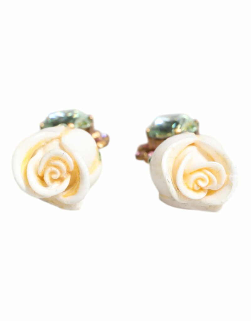 Dolce & Gabbana Brass White Flower Bloom Crystal Clip Dangling Earrings - Image 4
