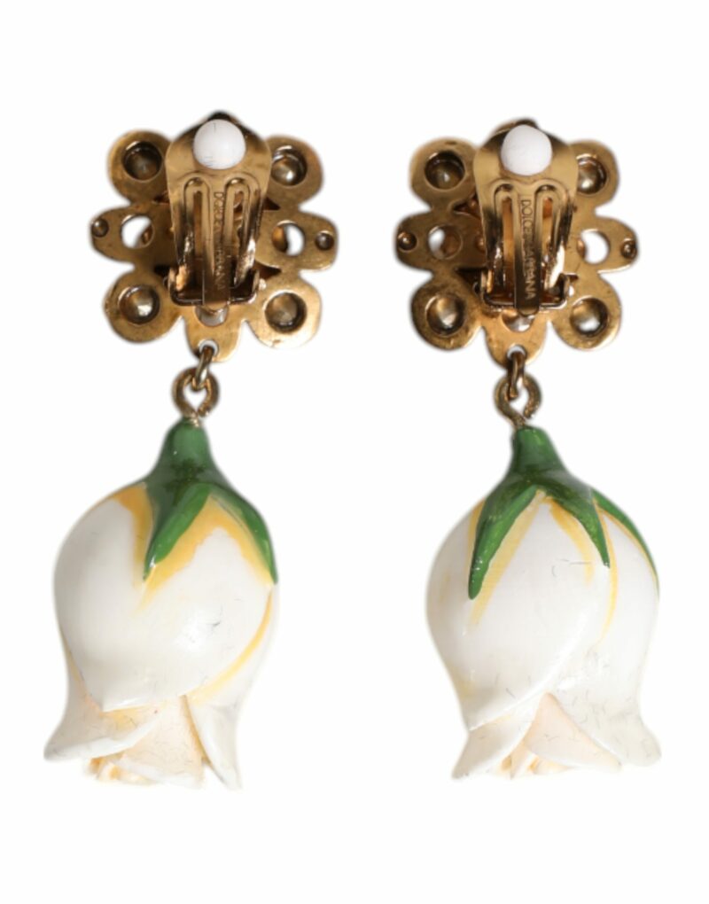 Dolce & Gabbana Brass White Flower Bloom Crystal Clip Dangling Earrings - Image 5