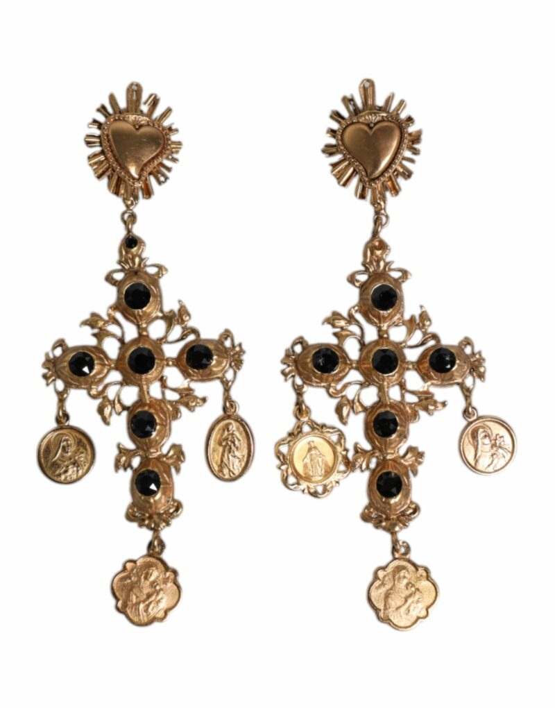 Dolce & Gabbana Gold Black Crystal Cross Sacred Heart Dangling Earrings - Image 2